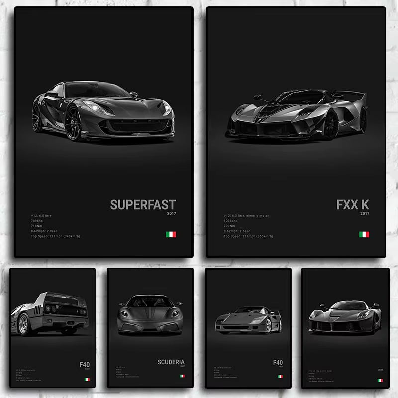 Pop Black and White Italy Cars Luxury Super Sport Car Poster Aesthetic F40 GTO GTB Canvas Print for Wall Art Garage Room Decor