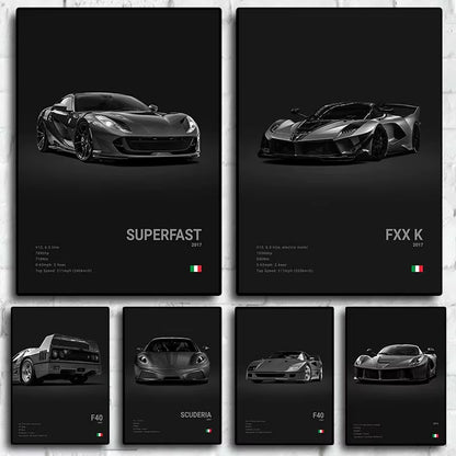 Pop Black and White Italy Cars Luxury Super Sport Car Poster Aesthetic F40 GTO GTB Canvas Print for Wall Art Garage Room Decor