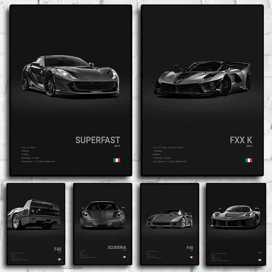 Pop Black and White Italy Cars Luxury Super Sport Car Poster Aesthetic F40 GTO GTB Canvas Print for Wall Art Garage Room Decor