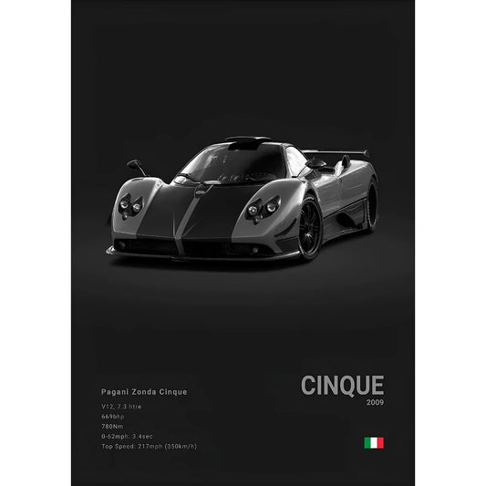 Luxury Famed P-Pagani Supercar Black HUAYRA BC CINQUE ZONDA R S F Poster Home Living Room Wall Art Garage Room Decor
