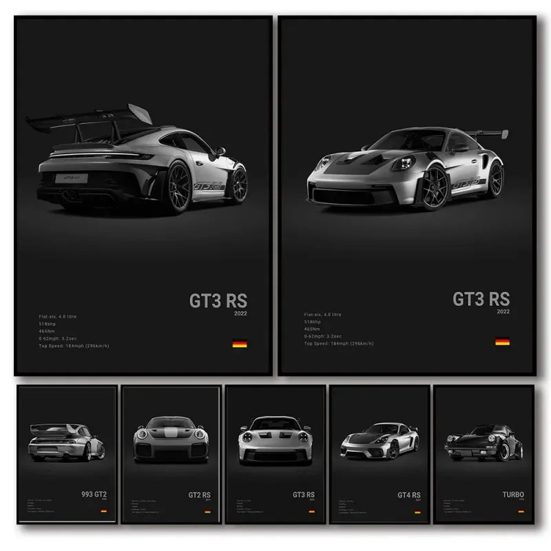 Black White Pop Luxury Germany Sports Car Poster Wall Art 911 GT3 RS Turbo HD Print Canvas Painting for Garage Home Room Decor