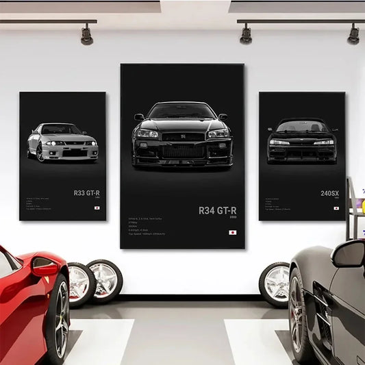 Popular Black and White Japanese Luxury Supercar Poster Aesthetics R34 Gtr 240Sx Canvas Painting Print Garage Decoratio Wall Art