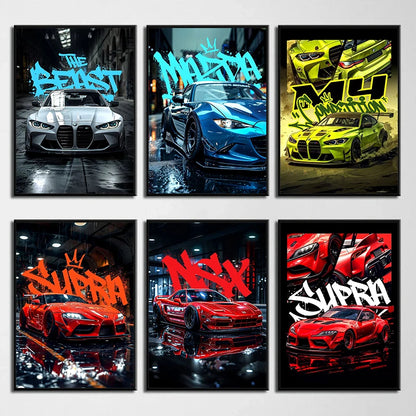 Blue Miata Supra Car E36 Luxury Super Car Poster Street Style Abstract Canvas Printing Wall Art Picture Home Club Decor Gifts