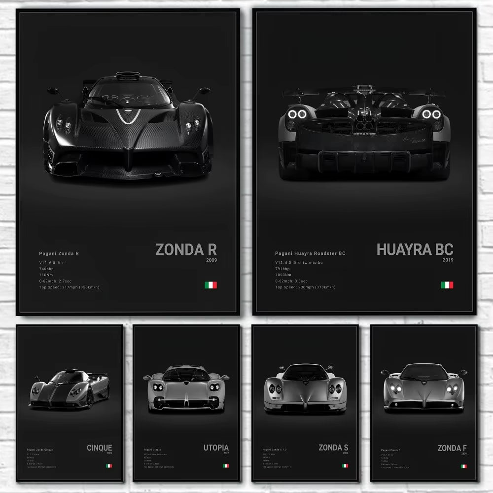 Luxury Famed P-Pagani Supercar Black HUAYRA BC CINQUE ZONDA R S F Poster Home Living Room Wall Art Garage Room Decor